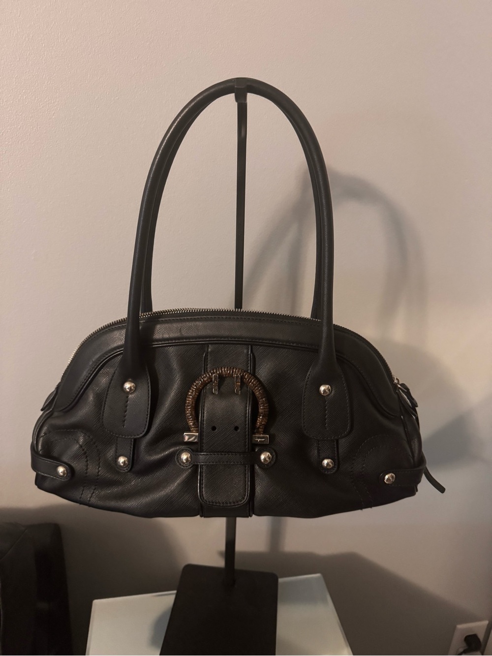 Salvatore Ferragamo Black Leather Shoulder Bag with Buckle Accent